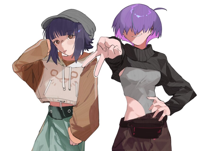 2girls ahoge alice_(raneblu) black_hair breasts brown_eyes brown_hoodie brown_pants closed_mouth colored_inner_hair facing_viewer fanny_pack green_skirt grey_hat grey_leotard grin hair_over_eyes hand_on_own_hip hat highres hood hoodie leotard long_sleeves looking_at_viewer mara_(raneblu) multicolored_hair multiple_girls open_mouth original outstretched_arm pants purple_hair raneblu reaching reaching_towards_viewer short_hair shrug_(clothing) simple_background skirt small_breasts smile tongue tongue_out v white_background