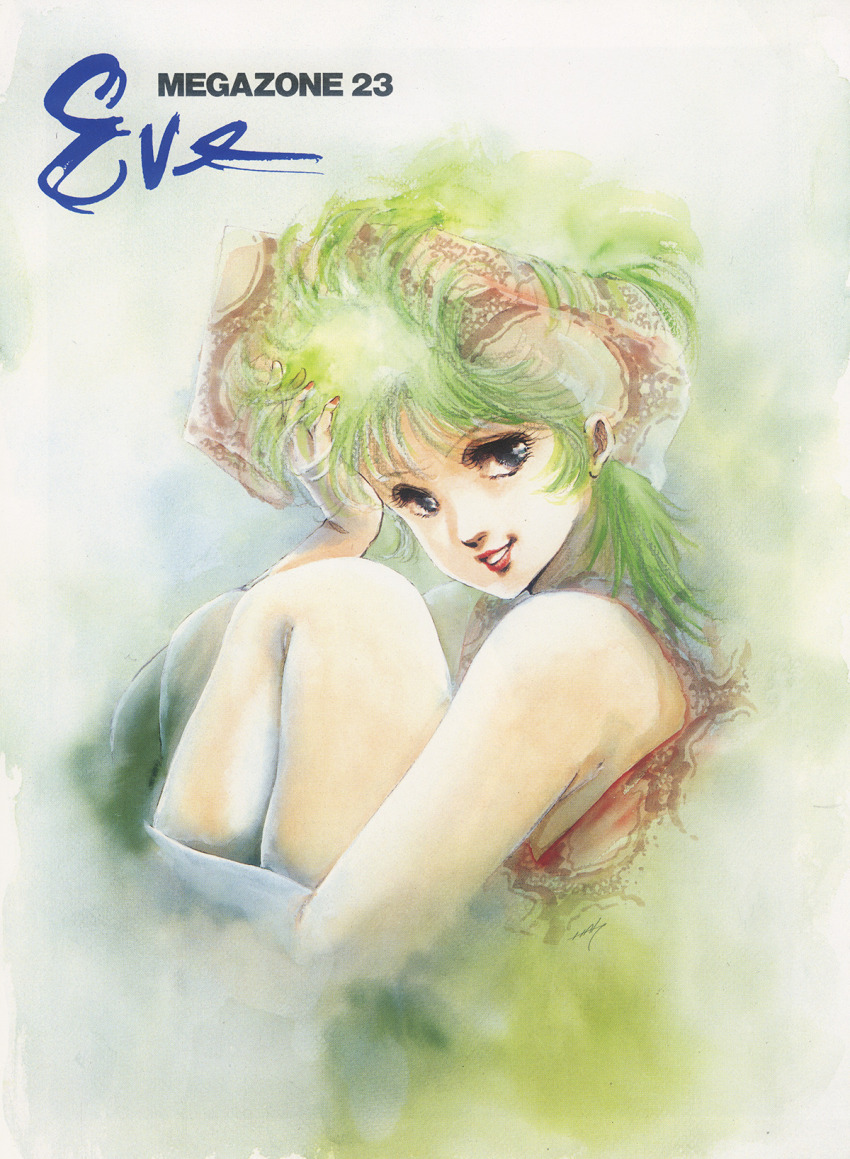 1980s_(style) 1girl blue_eyes character_name green_hair grin hand_in_own_hair highres looking_at_viewer megazone_23 mikimoto_haruhiko official_art oldschool painting_(medium) production_art promotional_art red_lips retro_artstyle scan signature smile title tokimatsuri_eve traditional_media upper_body watercolor_(medium)