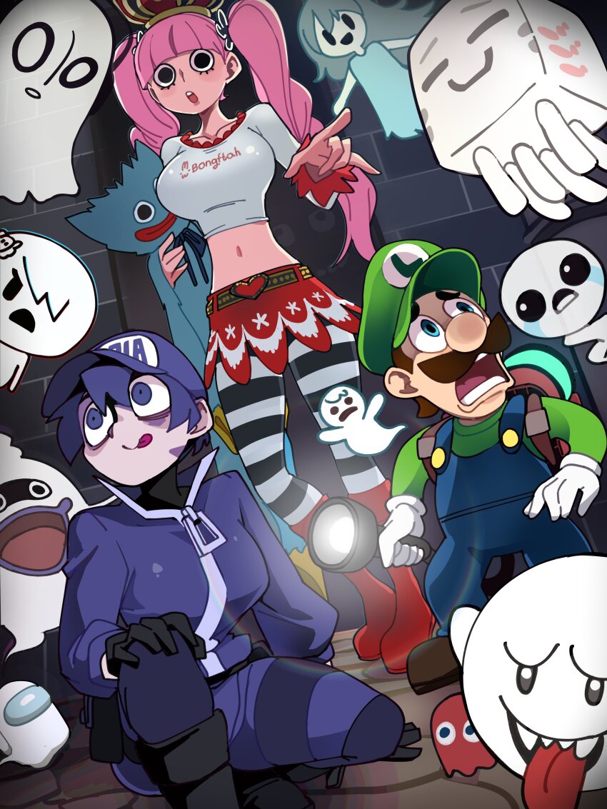 absurdres among_us awaria blinky_(pac-man) bongfill boo_(mario) carrie_krueger crossover crown ghast ghost gothic_lolita green_hat hat highres holding holding_lighter huggy_wuggy isaac_(the_binding_of_isaac) lighter lolita_fashion luigi mario_(series) minecraft napstablook navel nintendo one_piece pac-man_(game) perona pink_hair pointing ponytail poppy_playtime scared spooky&#039;s_house_of_jump_scares spooky_(shojs) striped_clothes tears the_amazing_world_of_gumball the_binding_of_isaac tongue tongue_out ula_usterka undertale
