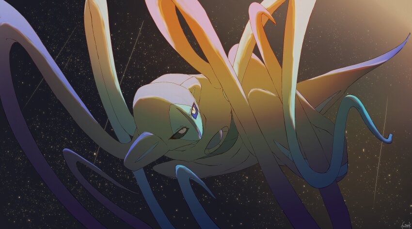 black_sclera blue_skin colored_sclera colored_skin deoxys deoxys_(normal) fu04pk full_body gen_3_pokemon highres looking_to_the_side mythical_pokemon nintendo no_humans orange_skin pokemon pokemon_(creature) pokemon_focus shooting_star signature slit_pupils solo space star_(sky) tentacles white_eyes