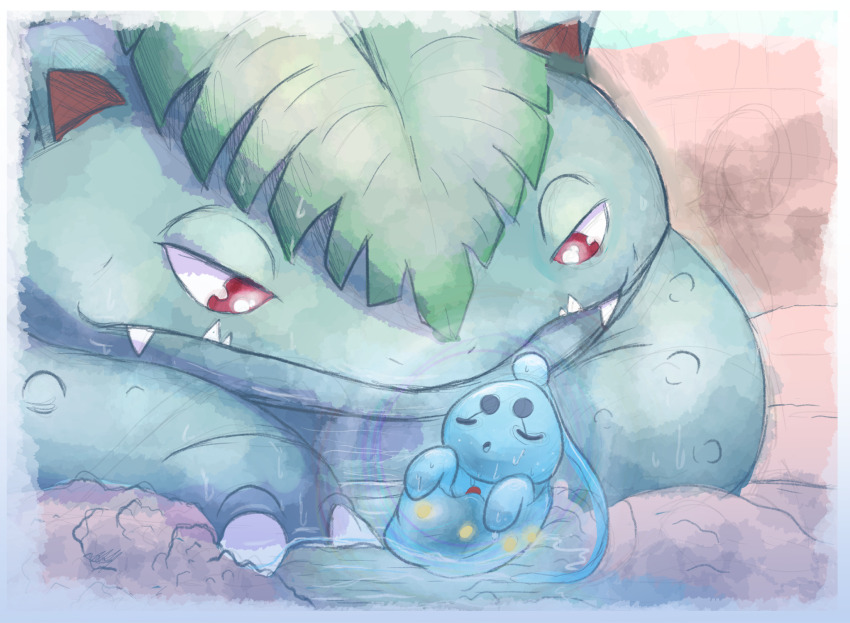 animal_focus border bright_pupils claws closed_eyes closed_mouth commentary english_commentary fangs gen_1_pokemon gen_4_pokemon highres mythical_pokemon nintendo no_humans nostrils phione pokemon pokemon_(creature) red_eyes sleeping venusaur venusaur-propaganda white_border white_pupils
