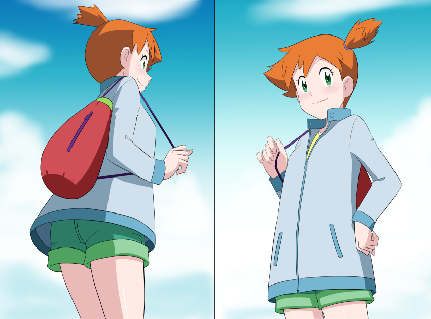 1girl armpits ass asymmetrical_hair blush breasts cowboy_shot denim denim_shorts gen_1_pokemon green_eyes green_shorts highres jacket kakkii legs looking_at_another looking_at_viewer medium_breasts misty_(pokemon) multiple_views navel nintendo orange_hair pokemon pokemon_(anime) pokemon_journeys pokemon_swsh140 ponytail shirt short_shorts shorts side_ponytail smile suspenders sweat sweatdrop takaya_n tank_top thighs upper_body yellow_shirt yellow_tank_top