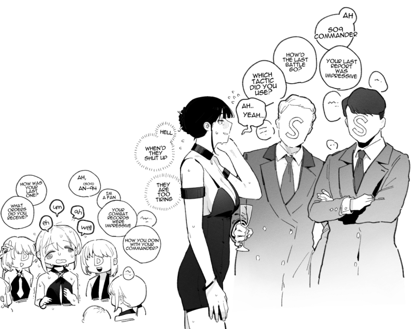 2boys 6+girls @_@ an-94_(girls&#039;_frontline) bare_shoulders blush breasts choker cleavage commander_(girls&#039;_frontline) crossed_arms cup dress drinking_glass english_text faceless faceless_female faceless_male female_commander_(girls&#039;_frontline) flying_sweatdrops girls&#039;_frontline greyscale holding holding_cup huqu large_breasts medium_breasts monochrome multiple_boys multiple_girls necktie ponytail short_hair simple_background sleeveless sleeveless_dress sweat white_background