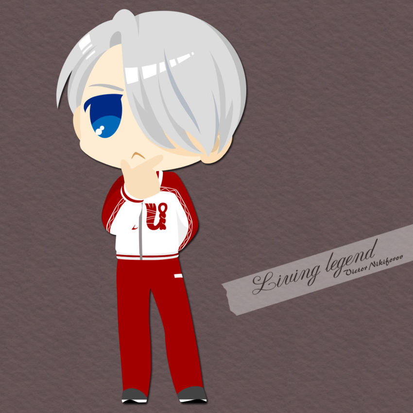 1boy :&lt; blue_eyes character_name english_text hair_over_one_eye hand_on_own_chin highres kaorin_minogue male_focus silver_hair stroking_own_chin track_suit viktor_nikiforov yuri!!!_on_ice