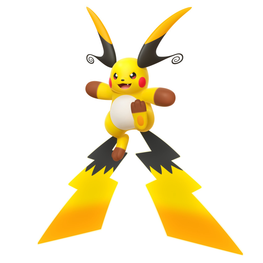 3d :3 absurdres artist_request fang full_body gen_1_pokemon highres mega_pokemon mega_raichu_x multiple_tails nintendo no_humans official_art open_mouth outline pokemon pokemon_(creature) pokemon_focus pokemon_legends:_z-a raichu second-party_source smile solo tail transparent_background white_outline