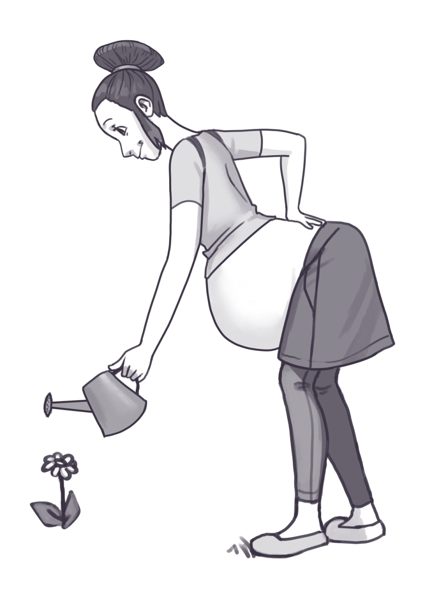 1girl arched_back commission commissioner_upload flower hair_bun highres mature_female midriff monochrome mother_(pokemon) nintendo olympic-dames pokemon pokemon_bw2 pregnant single_hair_bun smile solo unova_mother_(bw2) watering_can