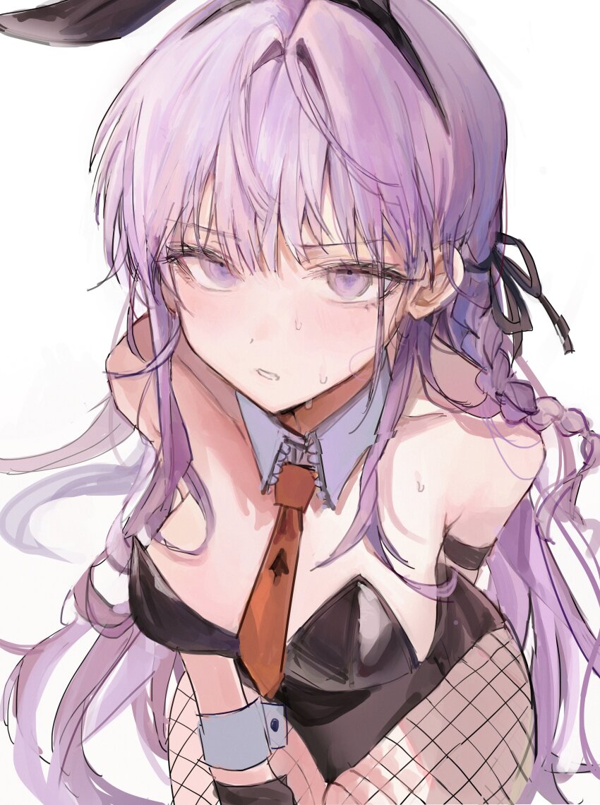 1girl absurdres bare_shoulders black_gloves black_ribbon braid breasts brown_necktie bunny_day cleavage danganronpa:_trigger_happy_havoc danganronpa_(series) detached_collar fishnet_pantyhose fishnets gloves hair_ribbon highres kirigiri_kyoko large_breasts leotard long_hair looking_at_viewer medium_breasts necktie pantyhose pink_eyes pink_hair playboy_bunny qqkkay ribbon side_braid simple_background sitting solo sweat teeth white_background
