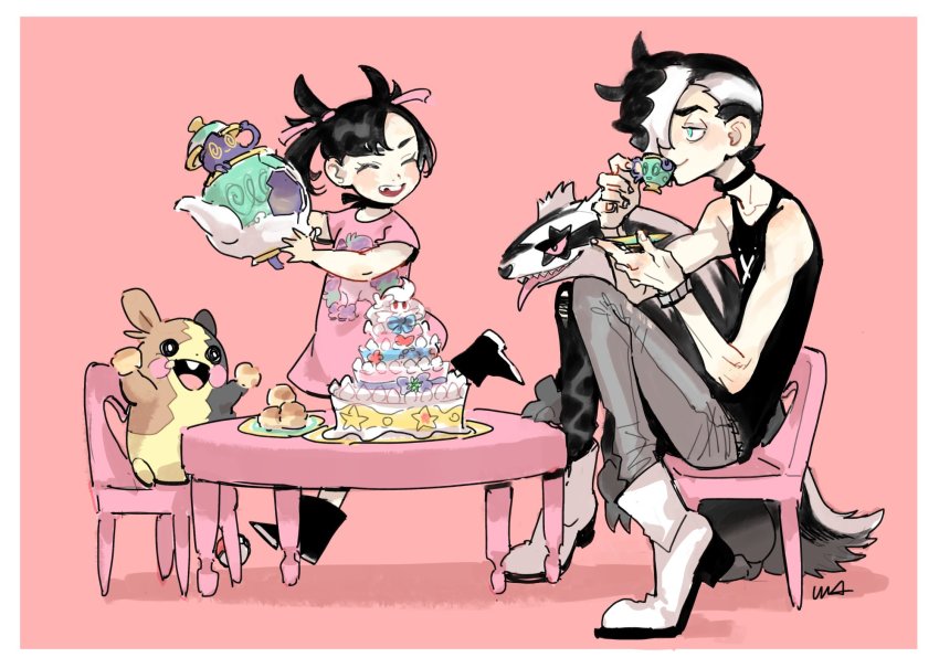 1boy 1girl aged_down alcremie asymmetrical_bangs black_footwear black_hair black_shirt boots border brother_and_sister chair character_print closed_eyes closed_mouth commentary_request dress drinking dynamax eyelashes galarian_form galarian_linoone galarian_ponyta gen_8_pokemon gigantamax gigantamax_alcremie green_eyes hair_ribbon highres marnie_(pokemon) missing_tooth morpeko morpeko_(full) multicolored_hair nintendo open_mouth pants piers_(pokemon) pink_dress pink_ribbon poke_ball poke_ball_(basic) pokemon pokemon_(creature) pokemon_swsh polteageist ribbon shirt siblings sinistea sitting sketch sleeveless sleeveless_shirt smile standing table two-tone_hair usakomu_(komugiko) white_border
