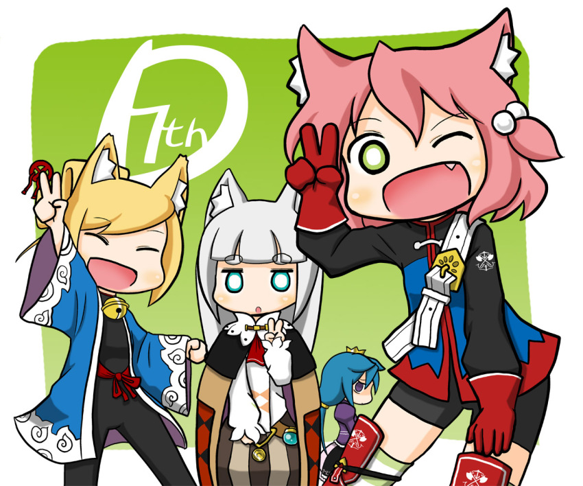 4girls 7th_dragon 7th_dragon_(series) :o ;d animal_ear_fluff animal_ears belt belt_buckle bike_shorts black_bodysuit black_shorts black_skirt blonde_hair blue_eyes blue_hair blue_jacket bodysuit brown_skirt buckle cat_ears cloak commentary_request crown ears_down empty_eyes fighter_(7th_dragon) gloves green_background grey_hair hair_between_eyes hair_bobbles hair_ornament hand_up harukara_(7th_dragon) ikurakun_(7th_dragon) jacket juliet_sleeves long_hair long_sleeves low_twintails mage_(7th_dragon) mini_crown momomeno_(7th_dragon) multiple_girls naga_u namuna_(7th_dragon) one_eye_closed one_side_up open_clothes open_mouth parted_lips pink_hair princess_(7th_dragon) puffy_long_sleeves puffy_sleeves purple_eyes purple_jacket red_gloves samurai_(7th_dragon) shirt short_eyebrows shorts skirt sleeves_past_wrists smile striped_clothes striped_skirt striped_thighhighs thick_eyebrows thighhighs twintails two-tone_background v vertical-striped_clothes vertical-striped_skirt very_long_hair white_background white_belt white_shirt