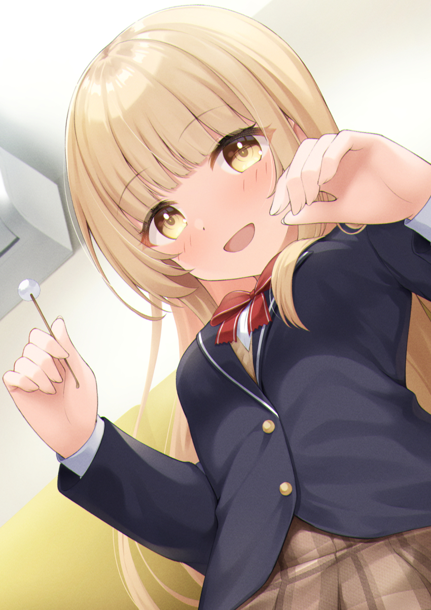 1girl 7fuji_06 air_conditioner blonde_hair blush bow breasts ear_cleaning highres holding indoors lap_pov long_hair long_sleeves looking_at_viewer medium_breasts mimikaki open_mouth orange_eyes otonari_no_tenshi-sama_ni_itsu_no_mani_ka_dame_ningen_ni_sarete_ita_ken red_bow shiina_mahiru_(otonari_no_tenshi-sama) smile
