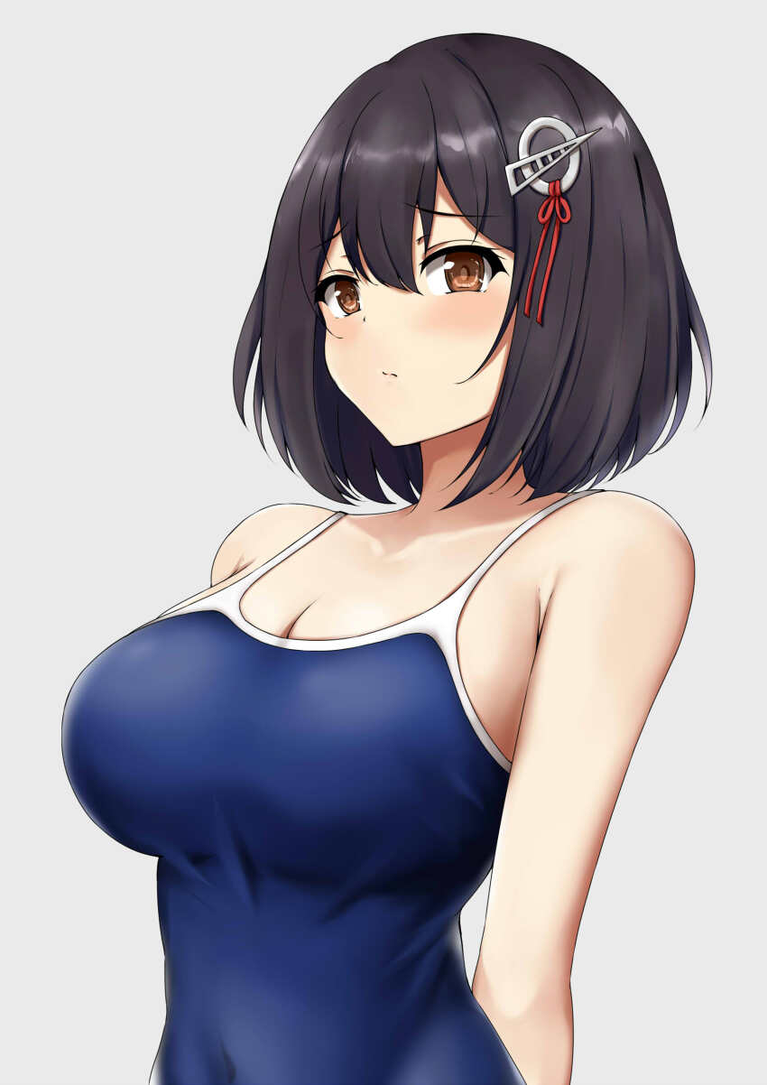 1girl absurdres black_hair blue_one-piece_swimsuit blush breasts brown_eyes competition_school_swimsuit covered_navel haguro_(kancolle) hair_ornament highres kantai_collection looking_at_viewer medium_breasts moyashi_mogura one-piece_swimsuit school_swimsuit short_hair smile solo swimsuit upper_body white_background