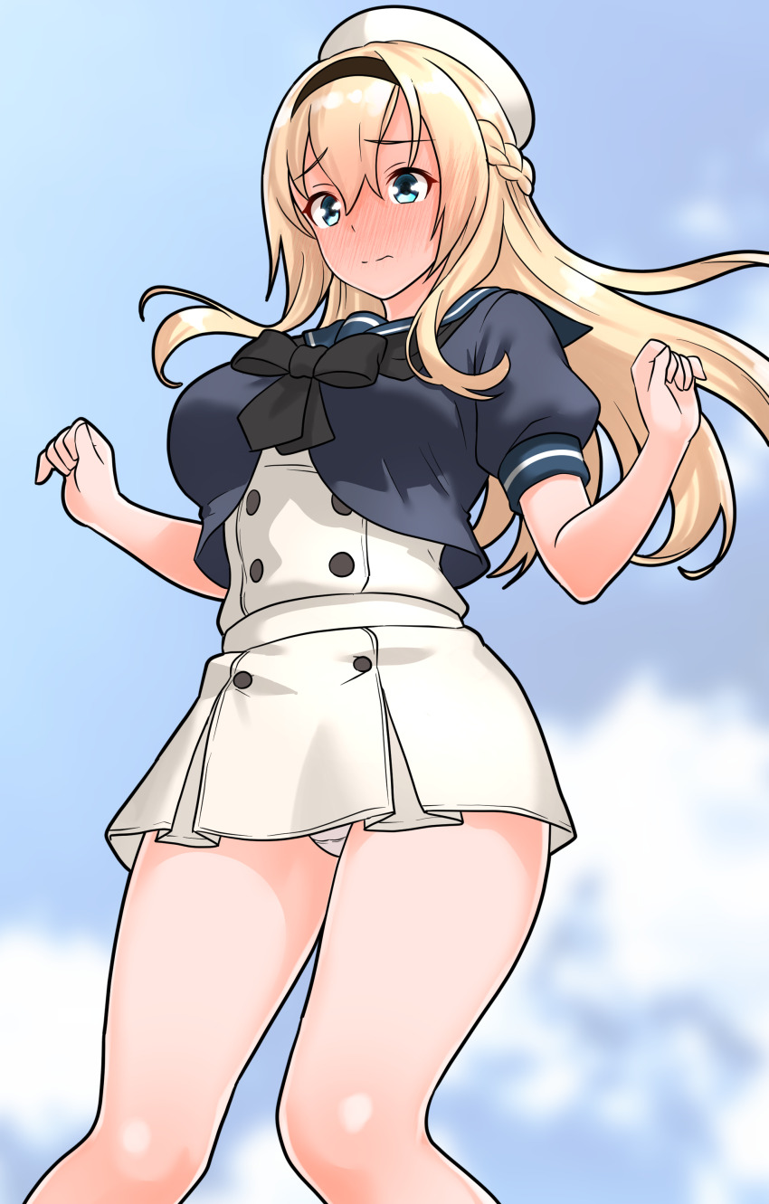 1girl absurdres black_neckerchief blonde_hair blue_eyes blue_sailor_collar blush braid closed_mouth commentary cosplay cowboy_shot dress full-face_blush furaggu_(frag_0416) half_up_braid hat highres jervis_(kancolle) jervis_(kancolle)_(cosplay) kantai_collection long_hair neckerchief panties pantyshot sailor_collar sailor_dress sailor_hat short_sleeves solo underwear warspite_(kancolle) white_dress white_hat white_panties