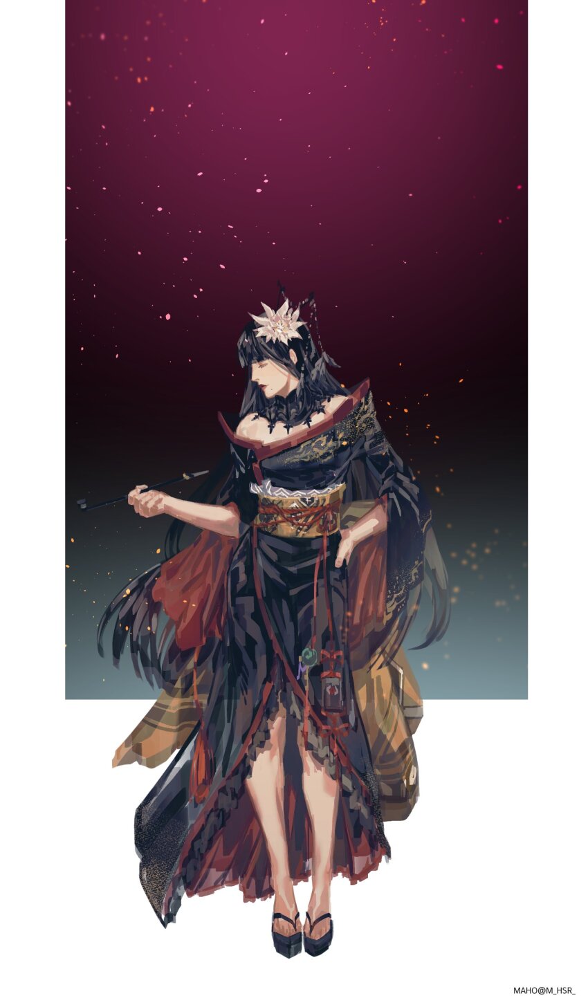 1girl absurdres artist_name black_collar black_hair black_kimono blunt_bangs closed_eyes collar epiphyllum expressionless final_fantasy final_fantasy_xiv floating_hair flower full_body gradient_background hair_flower hair_ornament hair_stick hand_on_own_hip highres holding holding_smoking_pipe hyur inrou japanese_clothes karmaho kimono kiseru lace_collar long_hair mole mole_under_mouth obi obiage obijime off_shoulder okobo platform_sandals profile sandals sash smoking_pipe solo standing two-sided_fabric wide_sleeves yotsuyu_goe_brutus