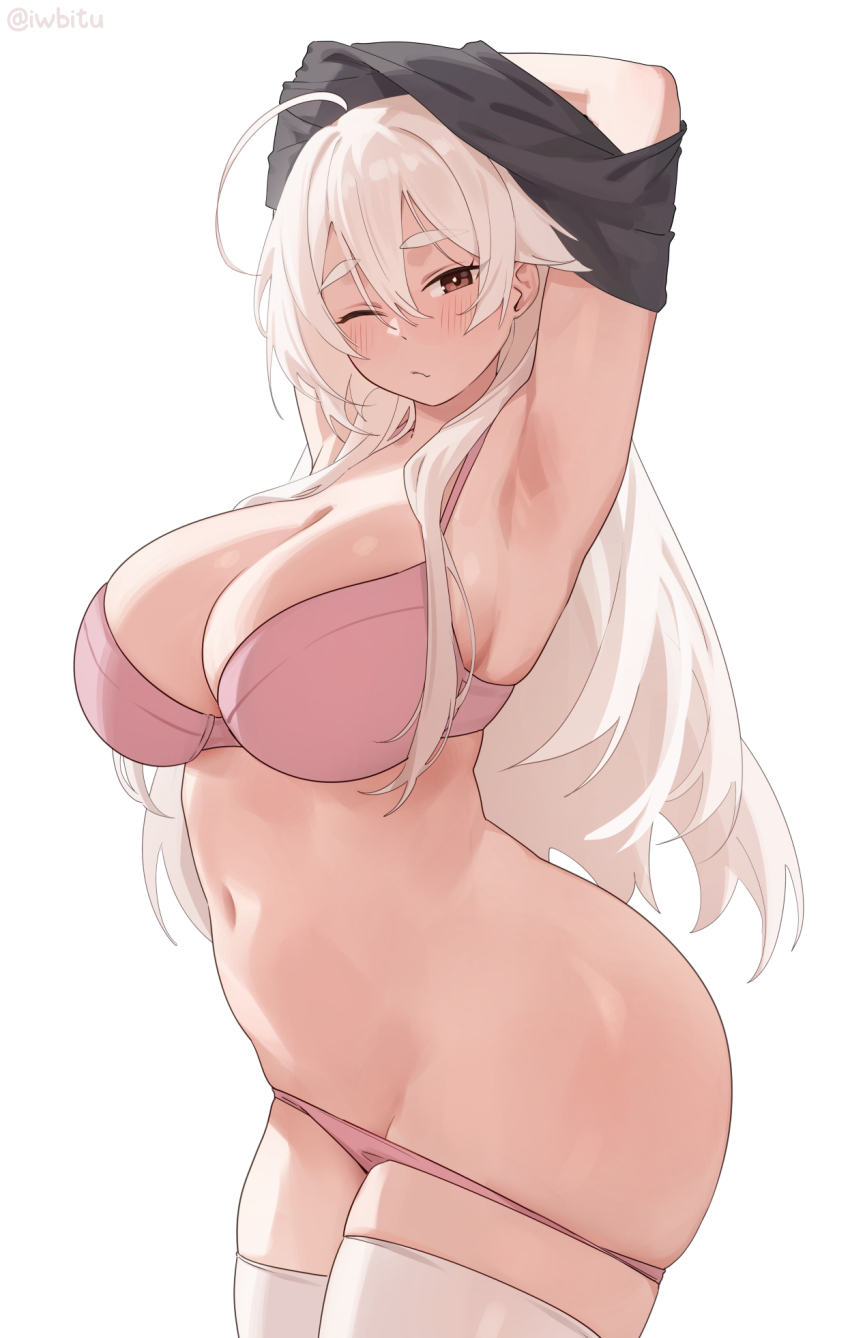 1girl ahoge armpits blush bra breasts brown_eyes curvy highres iwbitu large_breasts long_hair looking_at_viewer navel nyopu one_eye_closed original panties pink_bra pink_panties simple_background solo thighhighs underwear white_background white_hair white_thighhighs