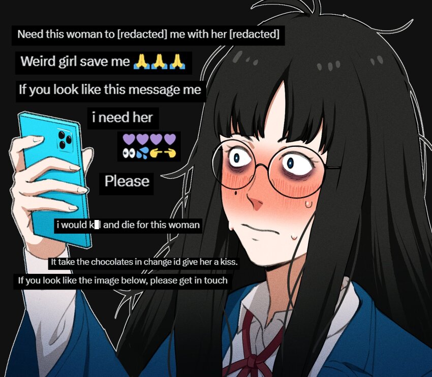 1girl bags_under_eyes black_hair blue_coat blush censored censored_text closed_mouth coat collared_shirt commentary english_commentary english_text francisco_mon glasses highres holding holding_phone jimiko long_hair long_sleeves looking_at_phone messy_hair mole mole_under_eye neck_ribbon nervous nose_blush original phone red_ribbon redaction ribbon round_eyewear shirt sweat sweatdrop umi_(francisco_mon) white_shirt