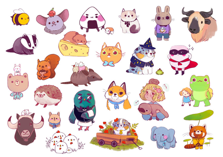 animal animal_crossing animal_focus apple artist_name bag bear bee bird blonde_hair bow brewster_(animal_crossing) bug bull cape cat cheese chicken commentary creature dog elephant ellievsbear english_commentary flower food fox frog fruit hat insect mask nintendo original platypus rabbit red_panda signature simple_background solid_circle_eyes solid_eyes squirrel sushi wagon white_background wizard wizard_hat