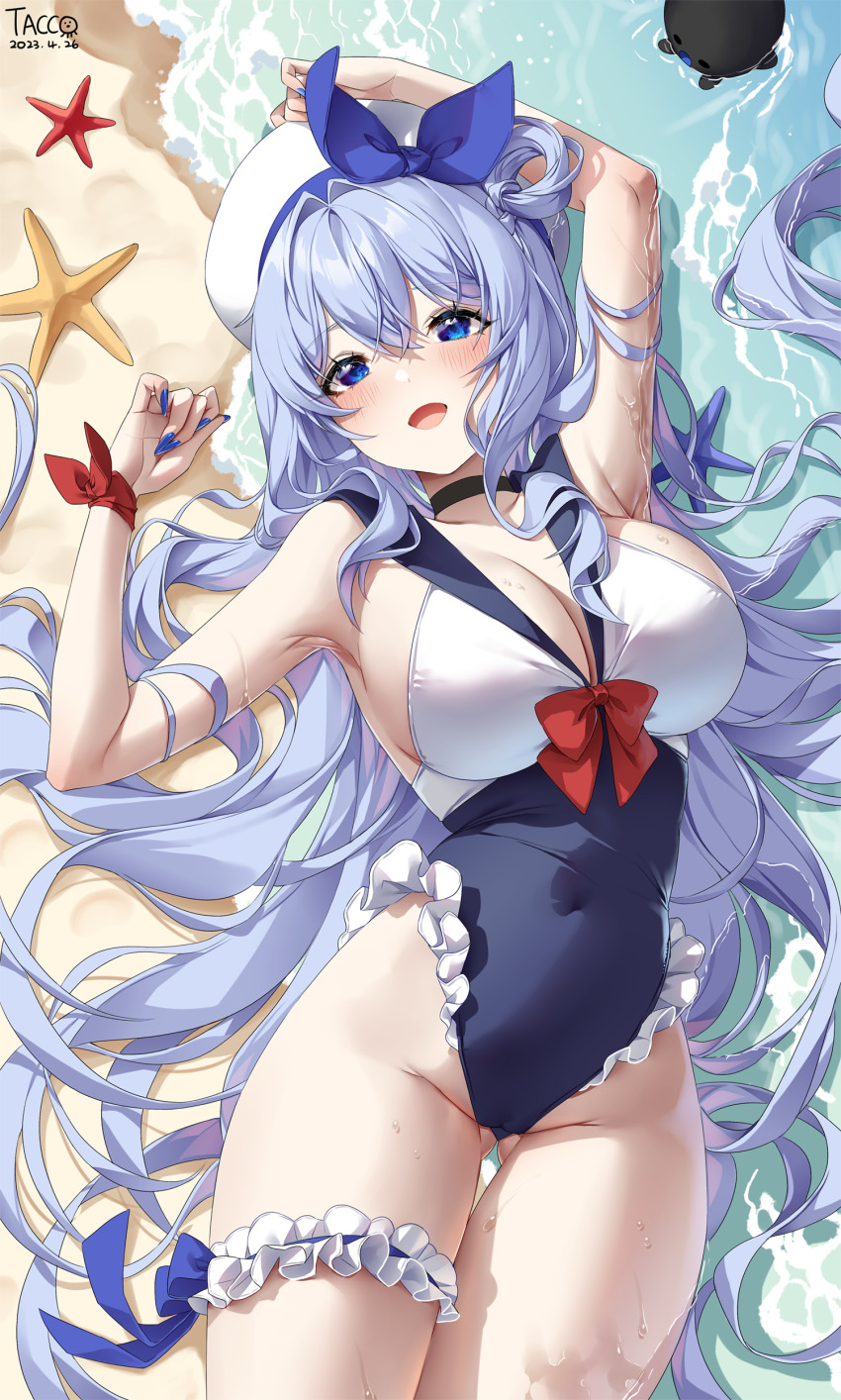 1girl absurdres arm_up armpits bare_arms bare_shoulders beach black_choker black_one-piece_swimsuit blue_eyes bow bowtie breasts choker cleavage commission covered_navel frilled_garter frilled_one-piece_swimsuit frilled_thigh_strap frills gluteal_fold hair_rings hand_up hat highleg highleg_one-piece_swimsuit highres large_breasts long_hair looking_at_viewer lying on_back one-piece_swimsuit open_mouth original ribbon sailor_collar sailor_hat sailor_one-piece_swimsuit smile solo swimsuit tacco_(tikeworld) thigh_strap thighs very_long_hair water white_hair white_hat wrist_ribbon