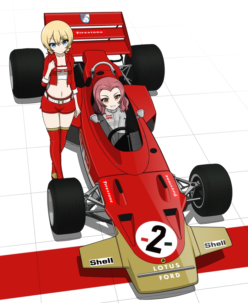 2girls absurdres belt blouse blue_eyes boots braid brown_eyes car character_name closed_mouth cropped_jacket crossed_legs darjeeling_(girls_und_panzer) emblem formula_one formula_racer girls_und_panzer grey_jumpsuit grin highres jacket jumpsuit kano_(nakanotakahiro1029) logo long_sleeves looking_at_viewer lotus_(brand) lotus_63 medium_hair midriff motor_vehicle multiple_girls navel print_shirt race_queen race_vehicle racecar red_footwear red_hair red_jacket red_shorts rosehip_(girls_und_panzer) shirt short_hair short_shorts shorts sitting smile st._gloriana&#039;s_(emblem) standing thigh_boots thighhighs twin_braids vehicle_focus white_belt white_shirt
