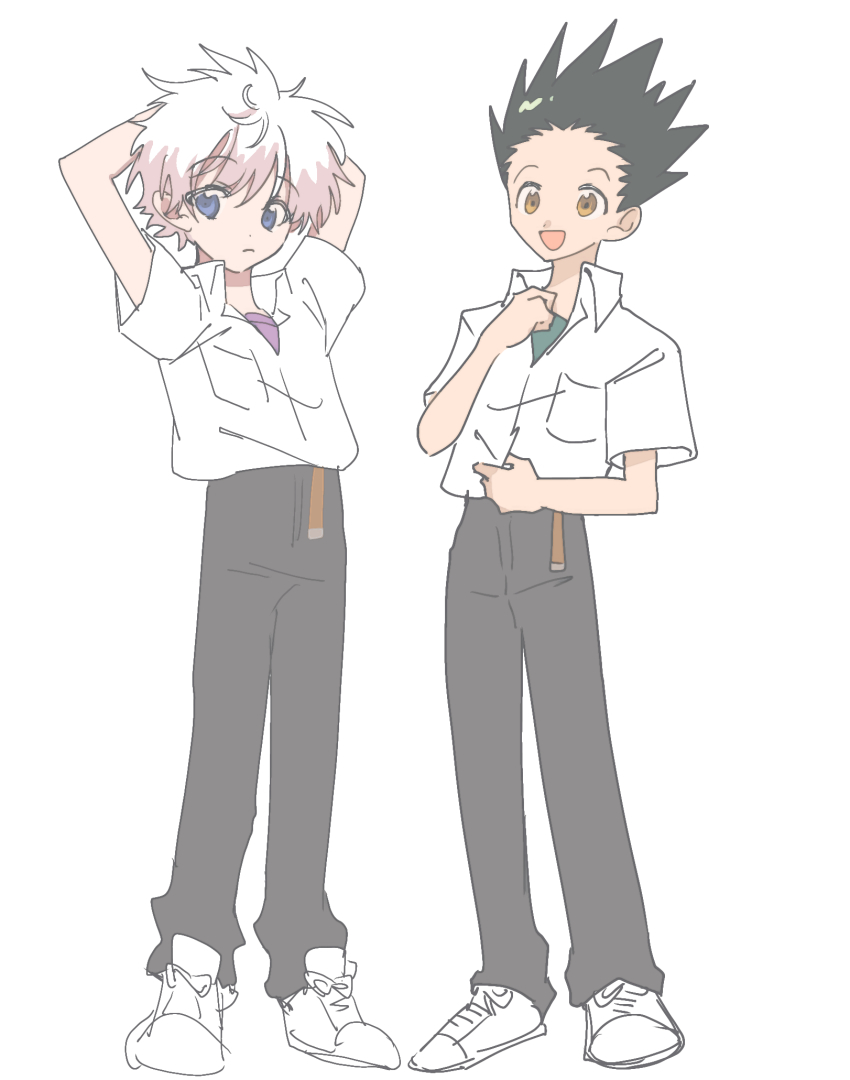 2boys black_hair blue_eyes brown_eyes cosplay gon_freecss highres hunter_x_hunter ikari_shinji_(cosplay) killua_zoldyck multiple_boys nagisa_kaworu_(cosplay) neon_genesis_evangelion school_uniform tagme tokyo-3_middle_school_uniform tokyo-3_middle_school_uniform white_hair
