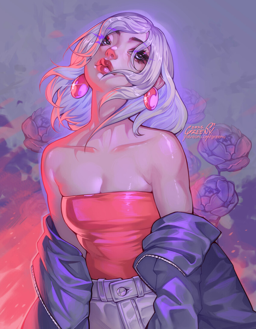 1girl absurdres bare_shoulders breasts character_request cleavage collarbone commentary copyright_request earrings english_commentary flower greenu grey_eyes grey_pants highres jacket jewelry lips looking_up makeup medium_breasts medium_hair off_shoulder open_clothes open_jacket original pants parted_lips pink_tube_top purple_flower purple_jacket purple_rose rose shirt solo sparkle strapless strapless_shirt tube_top watermark web_address white_hair