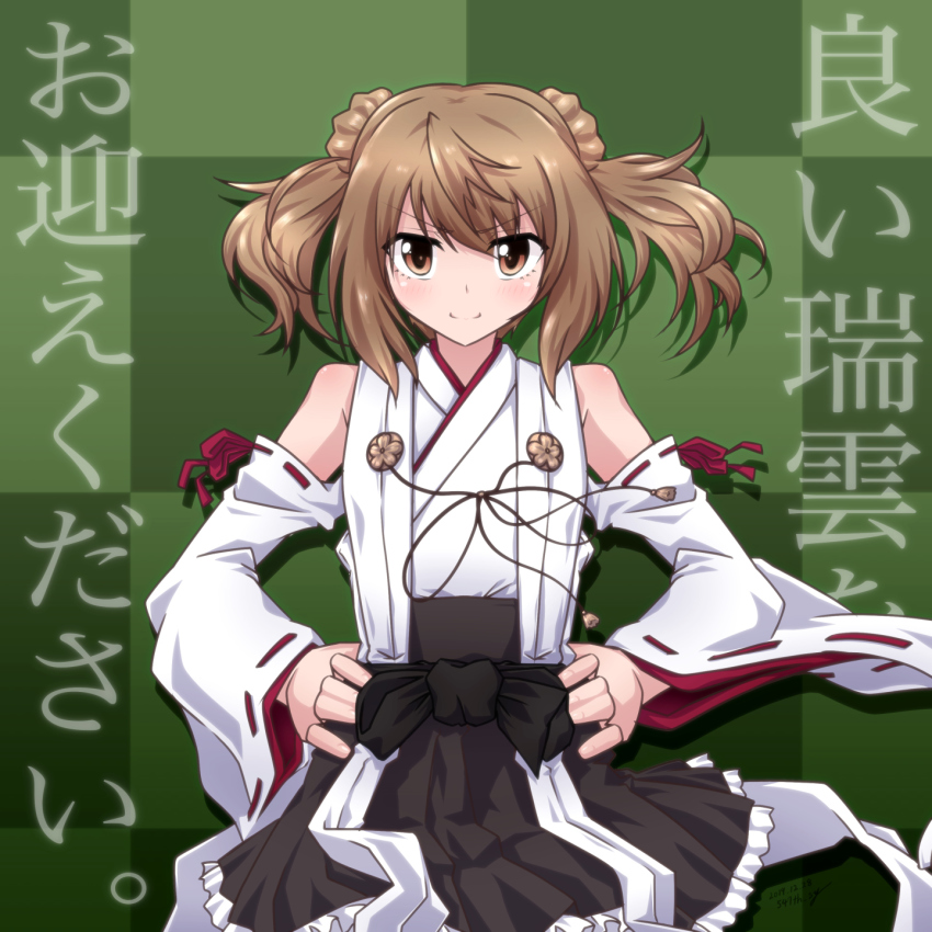 1girl 547th_sy brown_eyes checkered_background commentary_request cosplay cowboy_shot detached_sleeves double_bun female_focus green_background hair_bun hands_on_own_hips highres japanese_clothes kantai_collection kongou_(kancolle) kongou_(kancolle)_(cosplay) light_brown_hair looking_at_viewer michishio_(kancolle) ribbon-trimmed_sleeves ribbon_trim short_twintails smile solo translation_request twintails