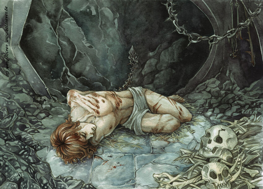 1boy arms_behind_back blood blood_on_ground bone chain chained closed_eyes emaciated grimace horror_(theme) indoors jenny_dolfen lying maedhros male_focus on_ground on_side painting_(medium) prison prison_cell red_hair scar scar_on_chest scar_on_leg scar_on_shoulder short_hair skeleton skull solo spiked_chain stone_floor stone_wall the_silmarillion tolkien&#039;s_legendarium topless_male torture traditional_media watercolor_(medium)