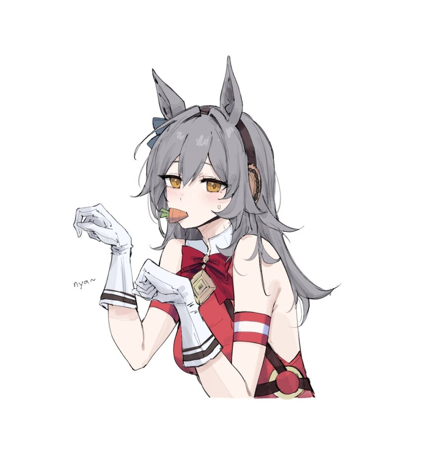 1girl animal_ears bare_shoulders carrot commentary cosplay english_commentary feint721 gloves gold_ship_(umamusume) gold_ship_(umamusume)_(cosplay) grey_hair hands_up highres honkai:_star_rail honkai_(series) horse_ears long_hair looking_at_viewer simple_background solo stelle_(honkai:_star_rail) sweatdrop trailblazer_(honkai:_star_rail) umamusume white_background white_gloves yellow_eyes