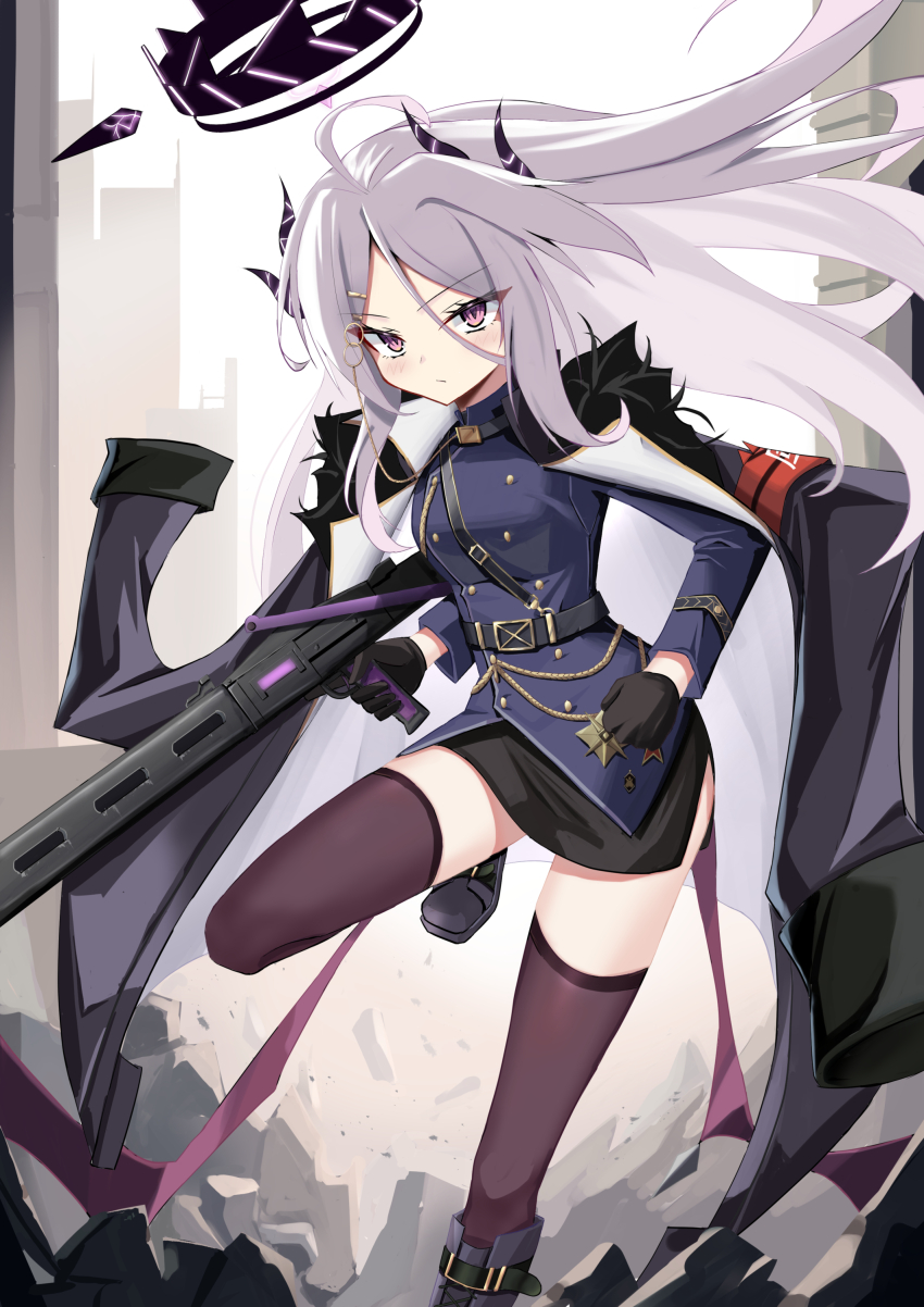 1girl absurdres ahoge armband belt black_boots black_coat black_gloves black_thighhighs blue_archive blurry boots coat coat_on_shoulders commentary_request demon_girl demon_horns demon_wings depth_of_field forehead fur-trimmed_coat fur_trim gloves gun hair_ornament hairclip halo highres hina_(blue_archive) holding holding_gun holding_weapon horns jiseki_rena knee_boots long_hair long_sleeves looking_at_viewer machine_gun mg42 military_uniform open_clothes open_coat outdoors parted_bangs pencil_skirt purple_eyes red_armband sam_browne_belt sidelocks skirt solo standing standing_on_one_leg thighhighs wavy_hair weapon white_hair wind wings zettai_ryouiki