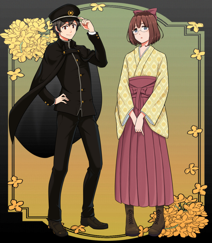 1boy 1girl black_cape black_hair black_headwear black_jacket black_pants blue_eyes boots bow brown_eyes brown_footwear brown_hair cape full_body glasses hair_bow hat highres jacket japanese_clothes kimono long_sleeves nusisippi original pants peaked_cap print_kimono red-framed_eyewear red_bow shoes standing taishou taishou_era yellow_kimono