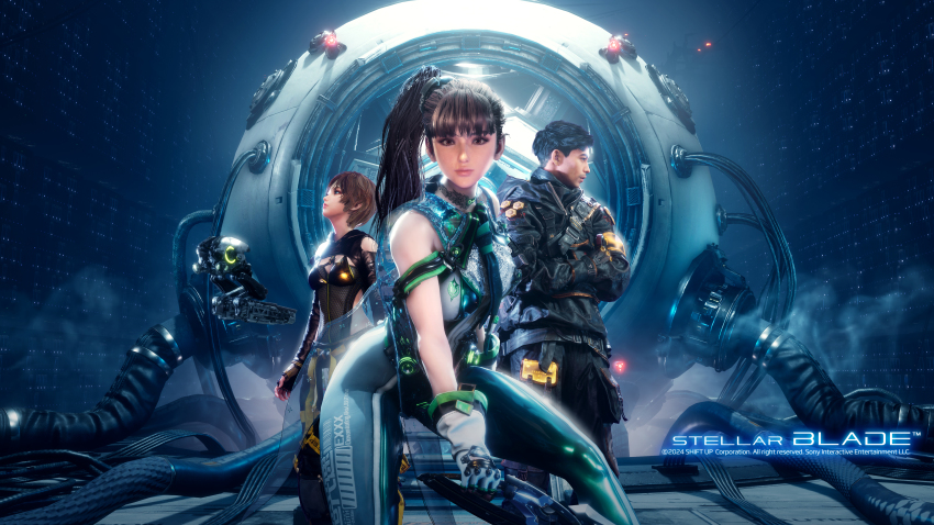 1boy 2girls absurdres adam_(stellar_blade) black_hair blunt_bangs bodysuit breasts brown_eyes copyright_name eve_(stellar_blade) gloves green_bodysuit highres lily_(stellar_blade) long_hair looking_at_viewer medium_breasts multicolored_bodysuit multiple_girls official_art official_wallpaper planet_diving_suit_(7th)_(stellar_blade) ponytail silver_bodysuit stellar_blade very_long_hair