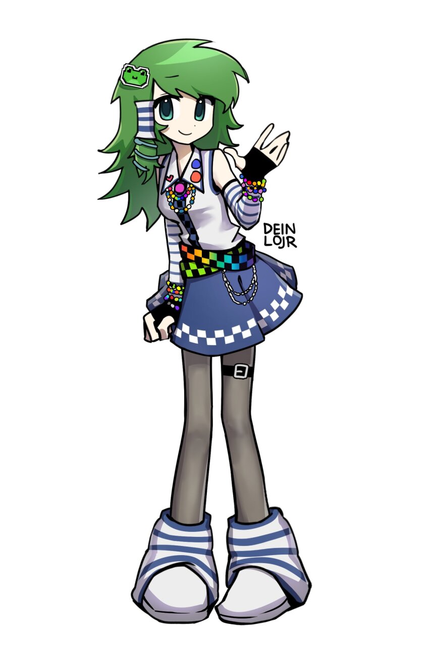1girl adapted_costume artist_name bare_shoulders black_gloves black_pantyhose blue_skirt breasts chain collared_shirt commentary deinlojr dot_nose english_commentary fingerless_gloves frog_hair_ornament full_body gloves green_eyes green_hair hair_ornament hair_tubes highres kochiya_sanae long_hair looking_at_viewer medium_breasts pantyhose patterned_clothing print_skirt scene_fashion shirt simple_background single_hair_tube single_sidelock skirt skirt_set sleeveless sleeveless_shirt smile snake_hair_ornament socks solo striped_clothes striped_socks thigh_strap touhou waving white_background white_footwear