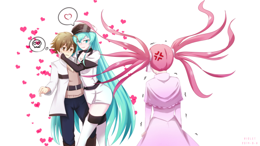 10s 1boy 2girls akame_ga_kill! angry aqua_eyes aqua_hair bad_end blue_eyes blue_hair blush boots choker elbow_gloves envy esdeath gloves hat long_hair military military_uniform mine_(akame_ga_kill!) multiple_girls peaked_cap pink_hair ribbon skirt smile tatsumi_(akame_ga_kill!) tattoo thigh_boots thighhighs twintails very_long_hair violetsang white_legwear