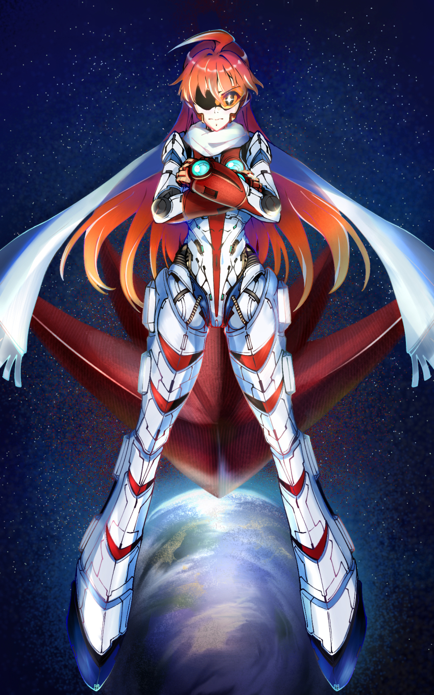 1girl ahoge buster_machine_7 closed_mouth commentary crossed_arms earth_(planet) full_body gunbuster_pose highres joints legs_apart long_hair looking_at_viewer nono_(top_wo_nerae_2!) orange-tinted_eyewear orange_hair partially_shaded_face planet robot_girl robot_joints scarf science_fiction solo space star_(sky) straight-on sunglasses take_(pixiv58784208) tinted_eyewear top_wo_nerae!_(series) top_wo_nerae_2! very_long_hair white_scarf