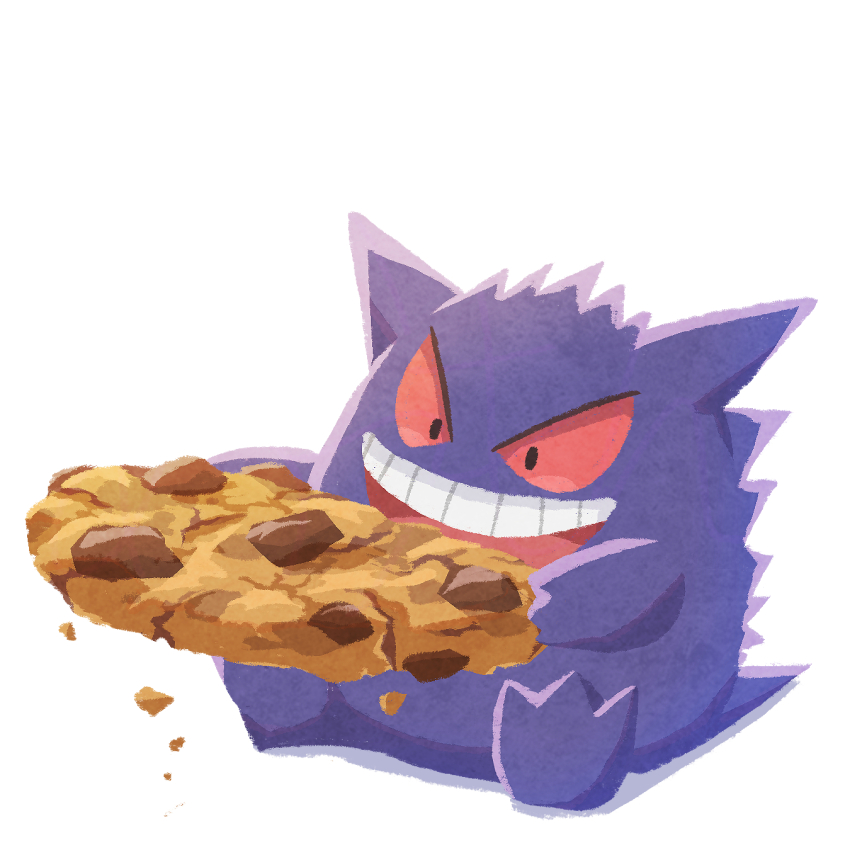 :d chocolate_chip_cookie colored_sclera cookie crumbs eating food gen_1_pokemon gengar highres holding holding_cookie holding_food miclot nintendo no_humans open_mouth pokemon pokemon_(creature) red_sclera simple_background sitting smile teeth upper_teeth_only white_background