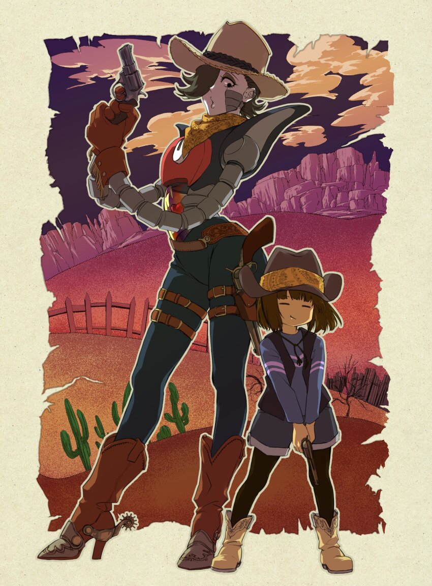 1boy 1other absurdres androgynous android bandana belt black_leggings boots brown_gloves cactus colored_skin cowboy_boots cowboy_fringe cowboy_hat cowboy_western denim desert ear_piercing earrings eyeshadow fence fringe_trim frisk_(undertale) gloves gun gunbelt hair_over_one_eye handgun hat heart highres holster jeans jewelry kamahira_l leggings makeup mechanical_arms mettaton mettaton_ex neckerchief o3o paisley pants piercing print_neckerchief revolver robot shirt short_hair shoulder_pads size_difference spurs striped_clothes striped_shirt stud_earrings undertale weapon yellow_bandana yellow_neckerchief yellow_skin