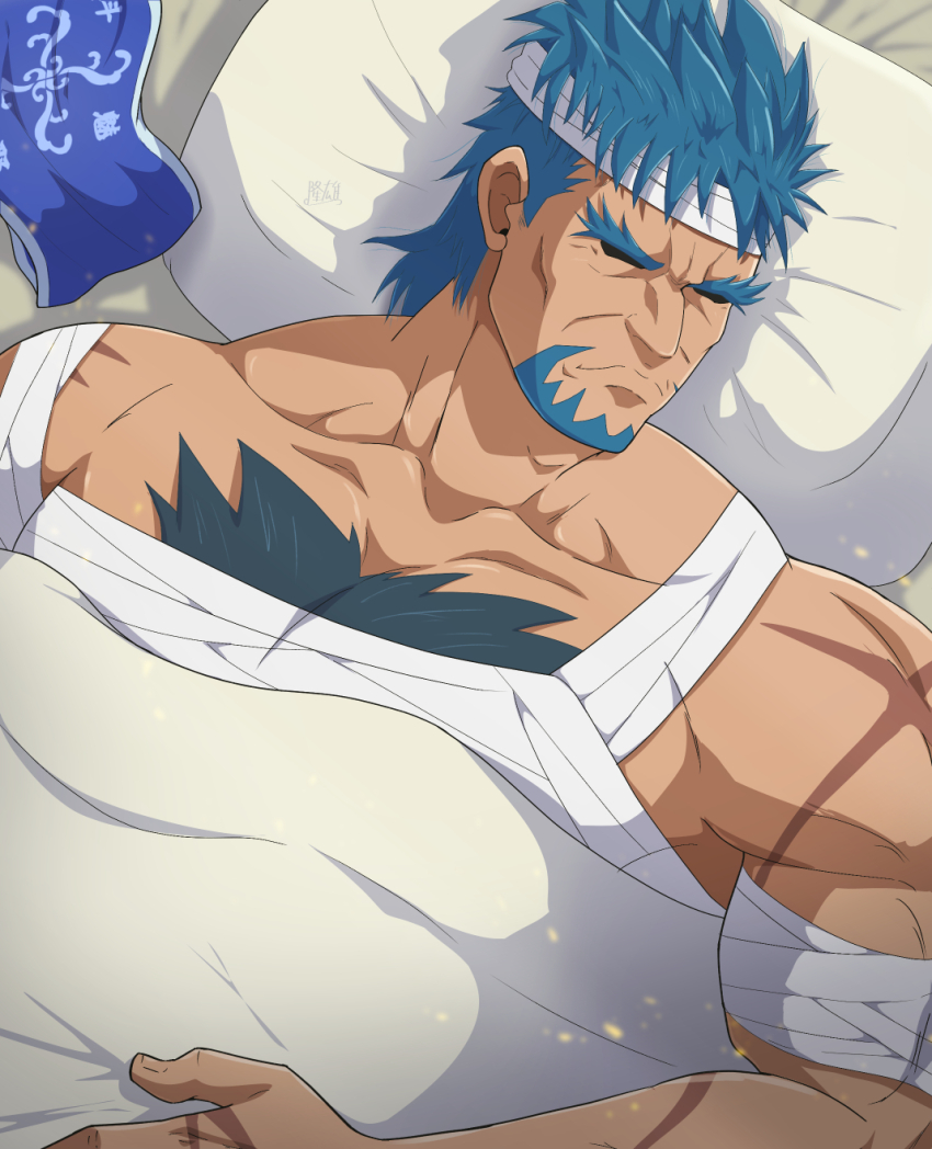 1boy armband bandaged_head bandages bara beard bucchigiri?! chest_hair closed_eyes douman_kenichirou facial_hair frown highres indoors lying male_focus medium_hair muscular muscular_male on_back pillow scar scar_on_shoulder solo thick_eyebrows under_covers unworn_armband zeff_ozaki