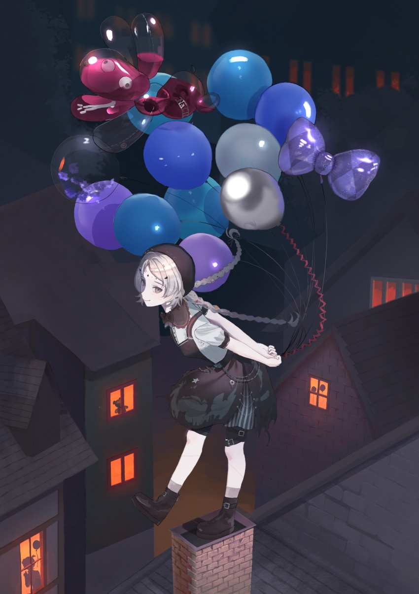 1girl absurdres amedama_ameme balloon balloon_animal balloon_party beret black_boots black_bow black_bowtie black_hat black_shorts black_skirt boots bow bowtie braid chimney facial_mark forehead_mark full_body grey_eyes grey_hair grey_socks hat highres holding holding_balloon house leaning_forward long_hair looking_at_viewer low_twin_braids night outdoors overall_skirt pale_skin reverse:1999 shirt short_sleeves shorts shorts_under_skirt skirt smile socks solo sparkle_facial_mark standing standing_on_one_leg tile_roof too_many_balloons twin_braids white_shirt