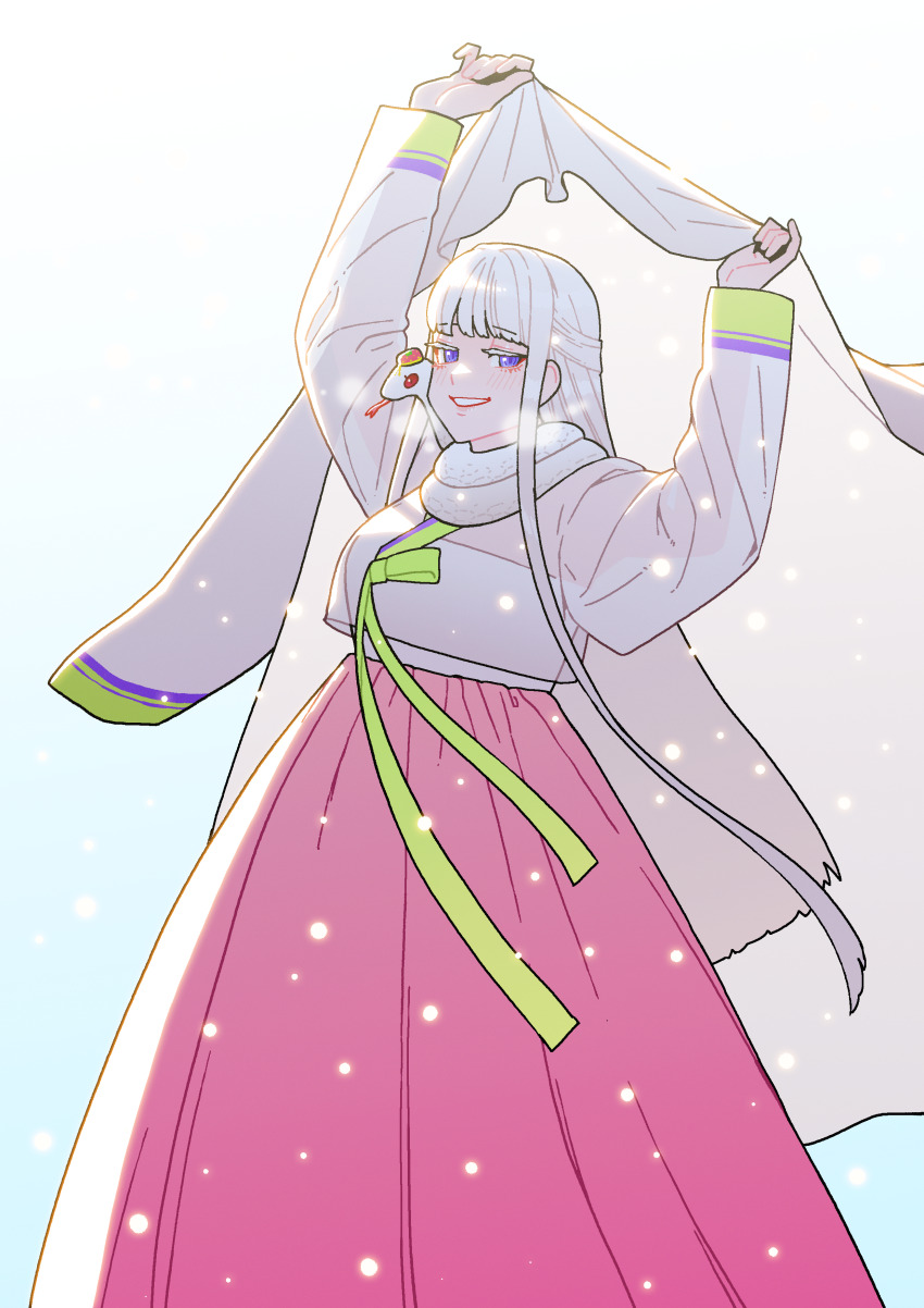 1girl 2025 absurdres alternate_costume blunt_bangs cheona_(last_origin) chinese_zodiac dc_(makezzal) gradient_background highres korean_clothes last_origin long_skirt looking_at_viewer purple_eyes skirt snake snow solo white_hair year_of_the_snake