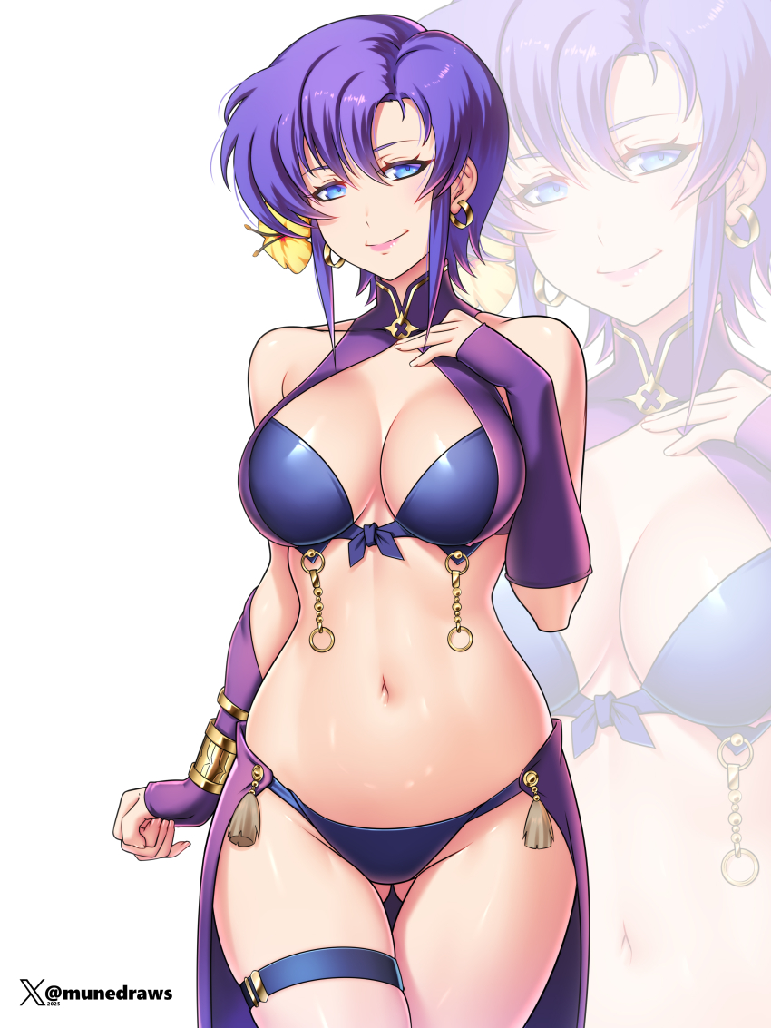 1girl absurdres arm_up bikini blue_bikini blue_eyes breasts commission commissioner_upload earrings etchimune fire_emblem fire_emblem:_the_blazing_blade fire_emblem_heroes flower gluteal_fold hair_flower hair_ornament halterneck hand_on_own_chest highres hoop_earrings jewelry large_breasts looking_at_viewer navel nintendo non-web_source official_alternate_costume purple_hair short_hair smile solo swimsuit ursula_(fire_emblem) ursula_(summer)_(fire_emblem)