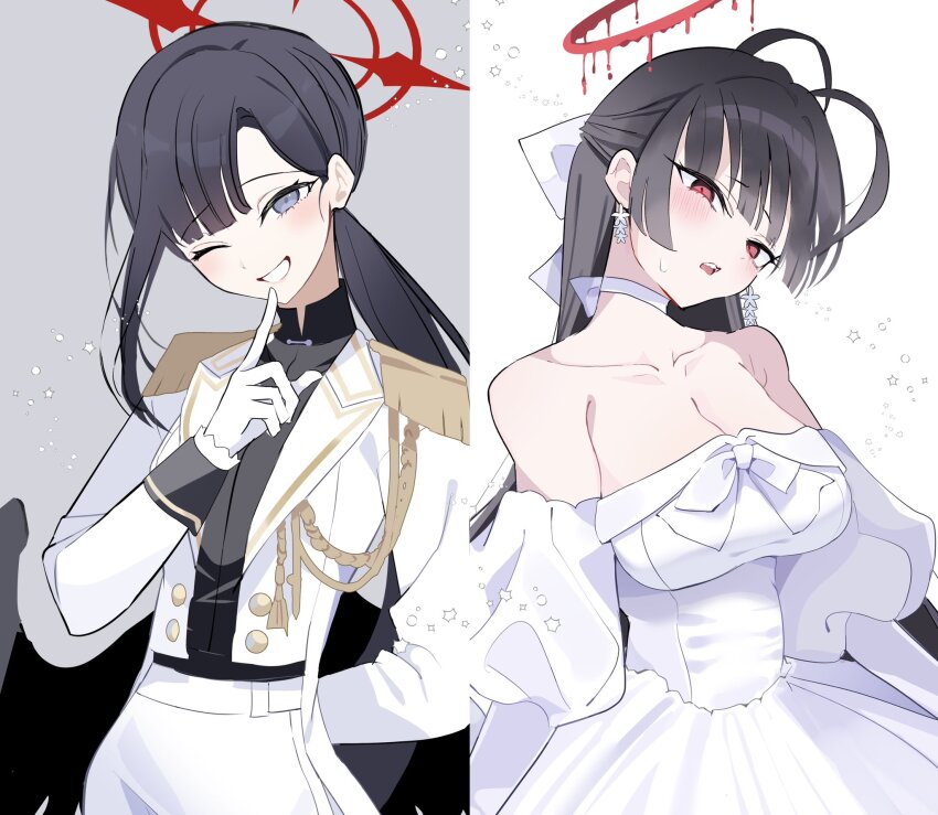 2girls antenna_hair black_eyes black_hair black_shirt blue_archive breasts dress gloves grey_background halo highres ichika_(blue_archive) ichika_(suit)_(blue_archive) index_finger_raised jacket large_breasts long_hair multiple_girls pants red_eyes red_halo shirt tsurugi_(blue_archive) tsurugi_(dress)_(blue_archive) twitter utakapen white_background white_dress white_gloves white_jacket white_pants