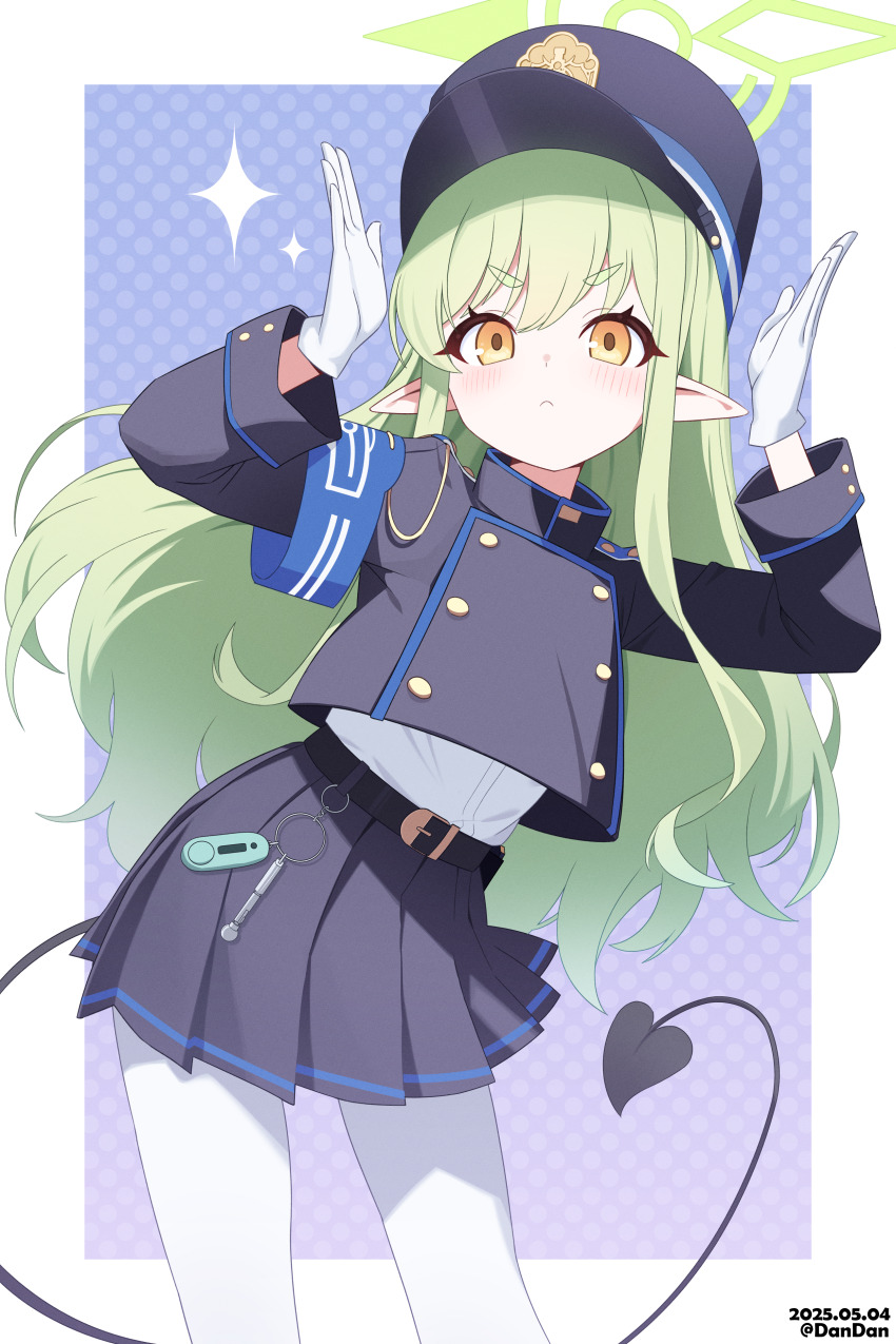 1girl absurdres black_hat black_skirt blue_archive blush closed_mouth dandan_(uaee4742) demon_tail gloves green_hair hands_up hat highres hikari_(blue_archive) long_hair looking_at_viewer pantyhose skirt standing tail white_gloves white_pantyhose yellow_eyes
