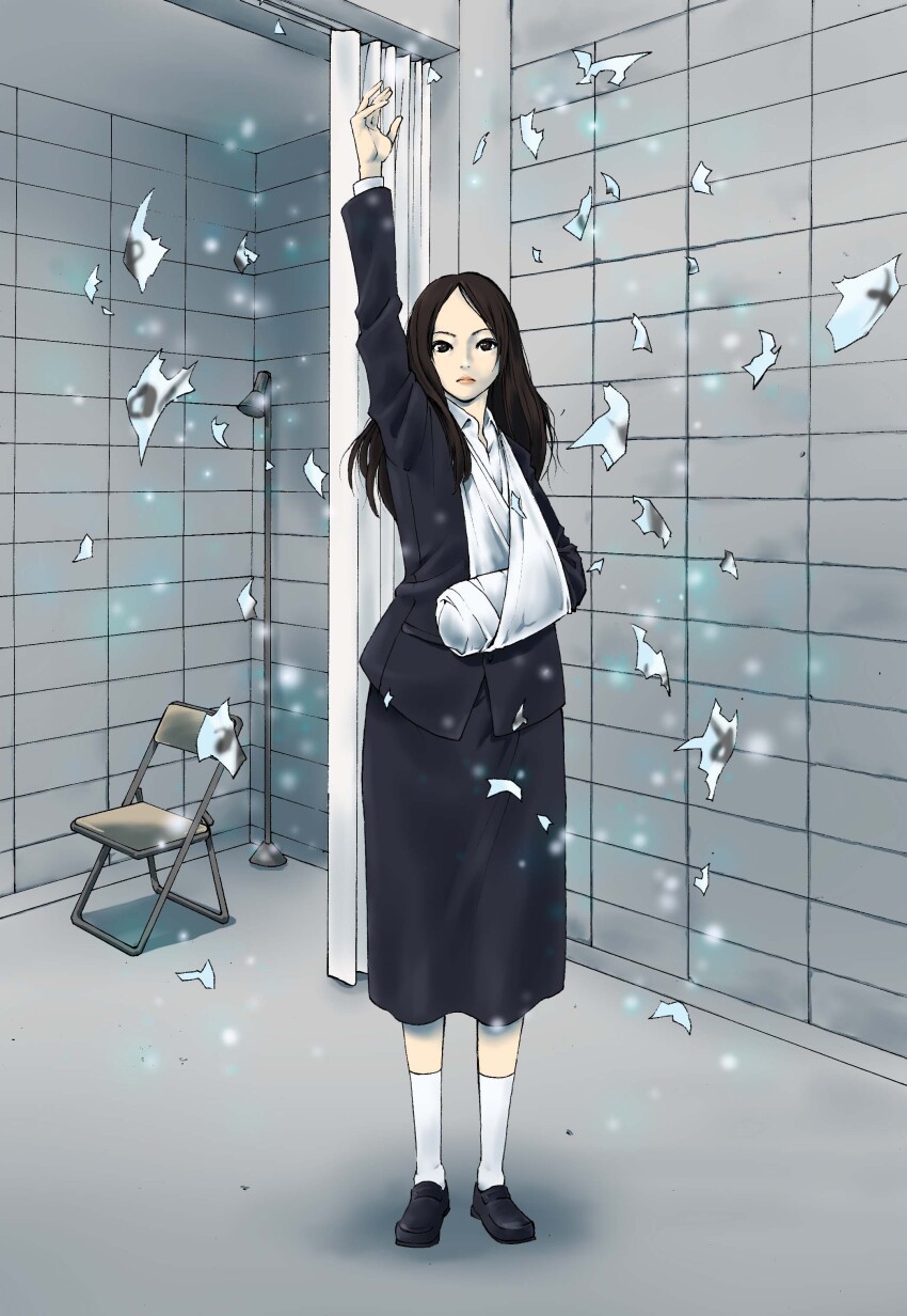 1girl absurdres arm_sling arm_up black_jacket black_shoes black_skirt brown_eyes brown_hair cast chair closed_mouth collared_shirt commentary_request curtains falling_paper folding_chair full_body highres indoors iwaya_akira jacket light_particles loafers long_hair long_skirt long_sleeves looking_at_viewer open_collar paper parted_bangs shadow shirt shoes shower_(place) shower_head skirt socks solo spec standing torn_paper touma_saya white_shirt white_socks