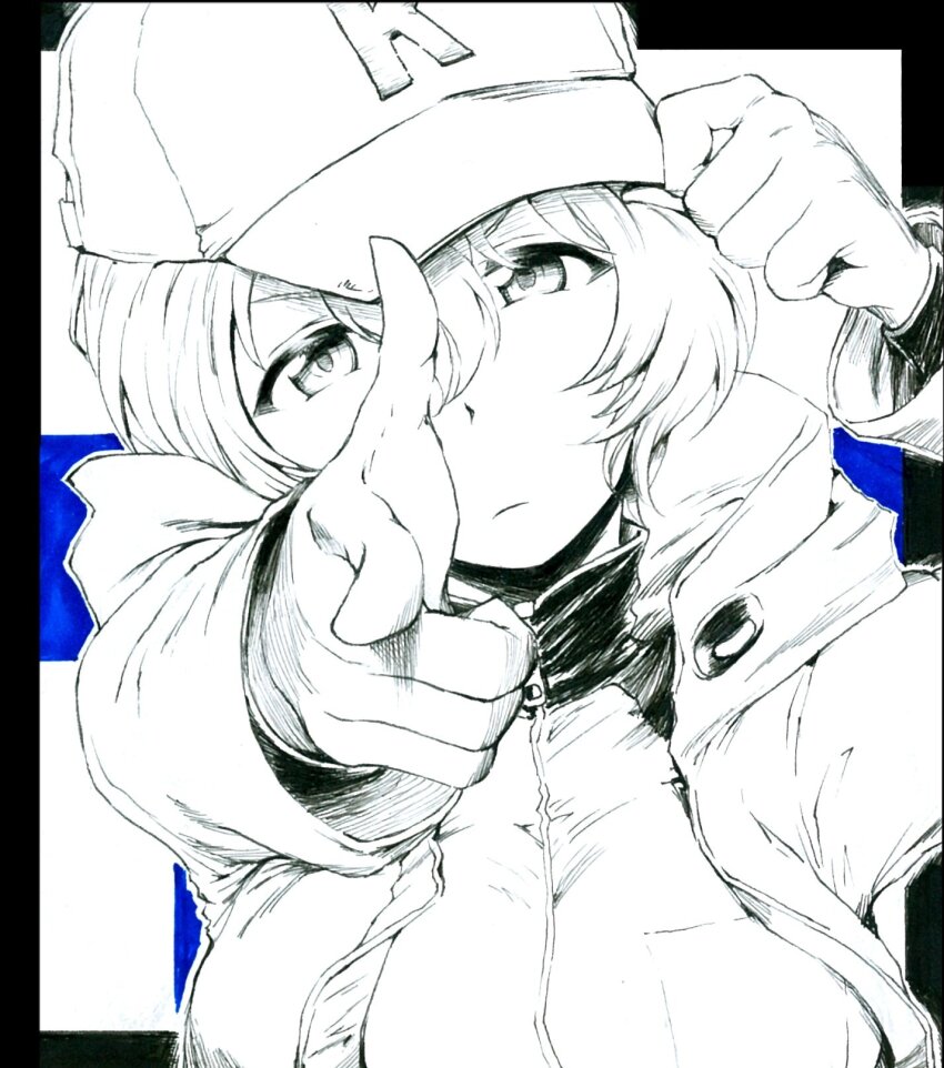 1girl adjusting_clothes adjusting_headwear baseball_cap breasts commentary_request finger_gun girls_und_panzer gloves hair_between_eyes hat highres jacket light_frown looking_at_viewer medium_breasts medium_hair military_uniform monochrome pointing pointing_at_viewer sawamin solo translation_request upper_body youko_(girls_und_panzer)