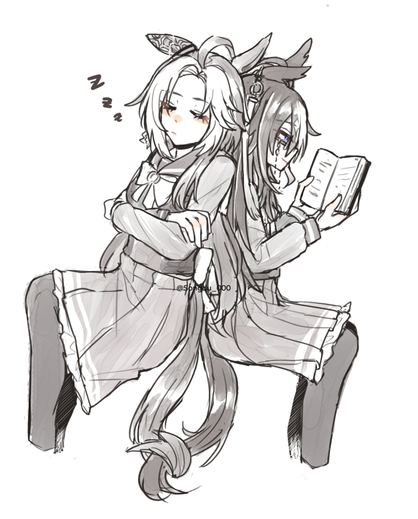 2girls ahoge animal_ears back-to-back blue_eyes blush book bow bowtie closed_eyes cropped_legs crossed_arms dream_journey_(umamusume) ear_ornament greyscale highres holding holding_book horse_ears horse_girl horse_tail intertwined_tails invisible_chair leaning_on_person long_hair long_sleeves monochrome multicolored_hair multiple_girls orfevre_(umamusume) pantyhose pleated_skirt reading sailor_collar sailor_shirt school_uniform shirt siblings simple_background single_ear_down sisters sitting skirt sleeping songdu spot_color tail tracen_school_uniform twitter_username two-tone_hair umamusume white_background winter_uniform