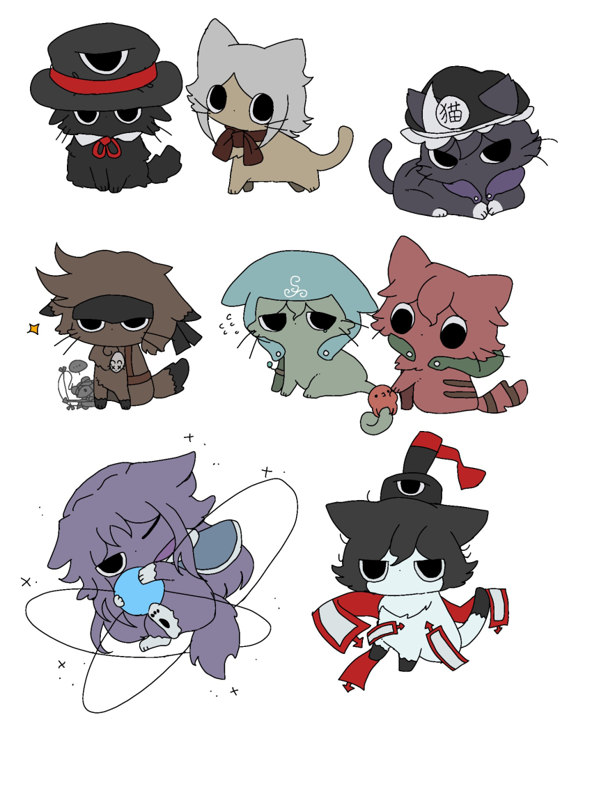 animalization black_cat black_headwear blue_hood brown_cat cat clause_(len&#039;en) commentary_request detached_hood enraku_tsubakura evanescent_existence green_cat hat highres houlen_yabusame kurohebi kuzu_suzumi len&#039;en len&#039;en mouse_(animal) neck_ribbon no_humans ofuda purple_cat red_cat red_ribbon ribbon senri_tsurubami shitodo_aoji shitodo_hooaka shitodo_kuroji simple_background tate_eboshi torenn white_background