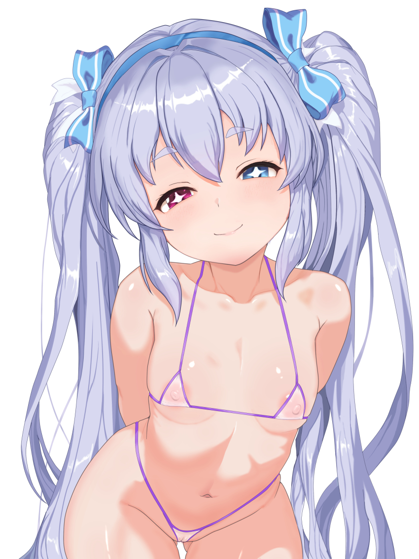 1girl absurdres arms_behind_back bikini blue_eyes bow breasts brown_dust_(series) brown_dust_2 elf gluteal_fold grey_hair hair_between_eyes hair_bow hairband heterochromia highres long_hair looking_at_viewer micro_bikini navel nipples pointy_ears purple_bikini red_eyes refithea_(brown_dust) see-through_bikini see-through_clothes small_breasts smile solo star-shaped_pupils star_(symbol) stomach swimsuit symbol-shaped_pupils twintails very_long_hair yok265