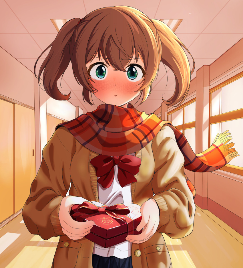 1girl blush bow bowtie box box_of_chocolates brown_cardigan brown_hair buttons cardigan ceiling closed_mouth commentary_request crossed_bangs cst_(cocost) green_eyes hallway highres holding indoors looking_at_viewer open_cardigan open_clothes original red_bow red_bowtie red_scarf scarf shirt shy sidelighting sliding_doors solo twintails valentine white_shirt window window_shadow