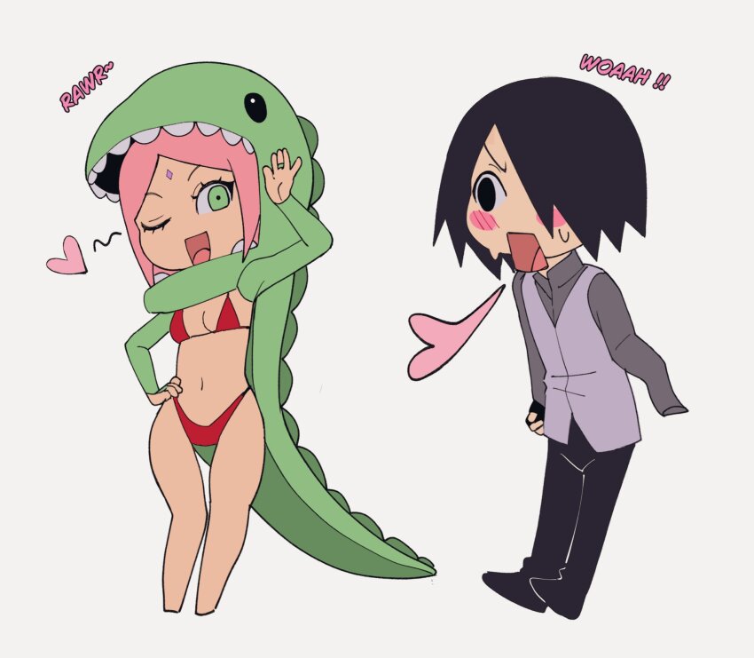 alternate_costume amputee barefoot bikini black_eyes black_hair black_pants blush_stickers boruto:_naruto_next_generations dinosaur_costume english_text fingerless_gloves forehead_jewel gloves green_eyes grey_shirt hair_over_one_eye hand_on_own_hip haruno_sakura heart highres husband_and_wife jaw_drop layered_shirt long_sleeves naruto_(series) one_eye_closed pants pink_hair shirt short_hair spoken_heart suika_suigetsu sweat swimsuit uchiha_sasuke wink