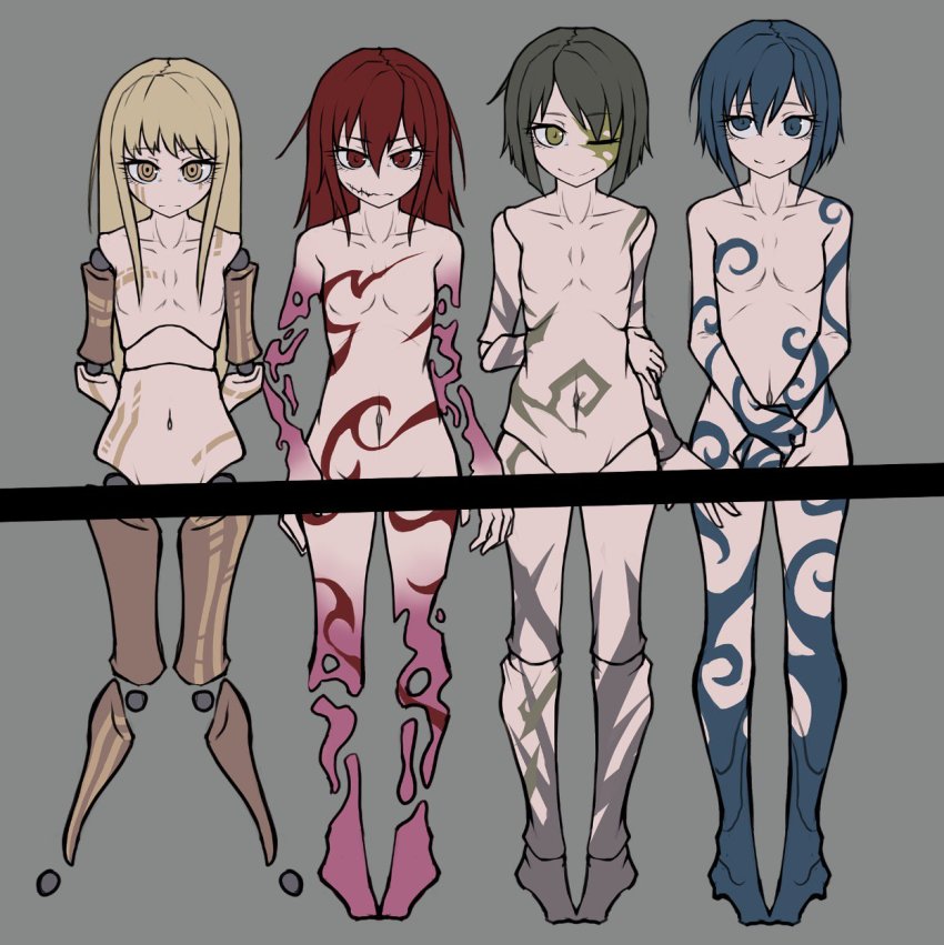 4girls arms_behind_back bar_censor barefoot blonde_hair blue_eyes blue_hair breasts censored closed_mouth doll_joints fewer_digits green_eyes grey_background grey_hair highres joints lazy_eye long_hair multiple_girls navel no_feet no_nipples nude one_eye_closed original own_hands_together ray-k red_eyes red_hair ringed_eyes scar scar_across_eye scar_on_face short_hair simple_background small_breasts smile standing strabismus tattoo yellow_eyes