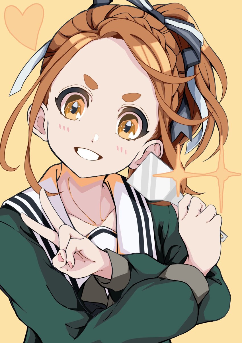 1girl 22/7 black_bow black_bowtie black_ribbon blush bow bowtie braid brown_eyes brown_hair green_shirt grin hair_ribbon heart high_ponytail highres holding holding_spatula kono_miyako lionmaru0808 long_sleeves looking_at_viewer ponytail portrait ribbon rokubanchou_school_uniform sailor_collar school_uniform serafuku shirt simple_background single_braid smile solo sparkle spatula v v-shaped_eyebrows white_ribbon white_sailor_collar winter_uniform yellow_background